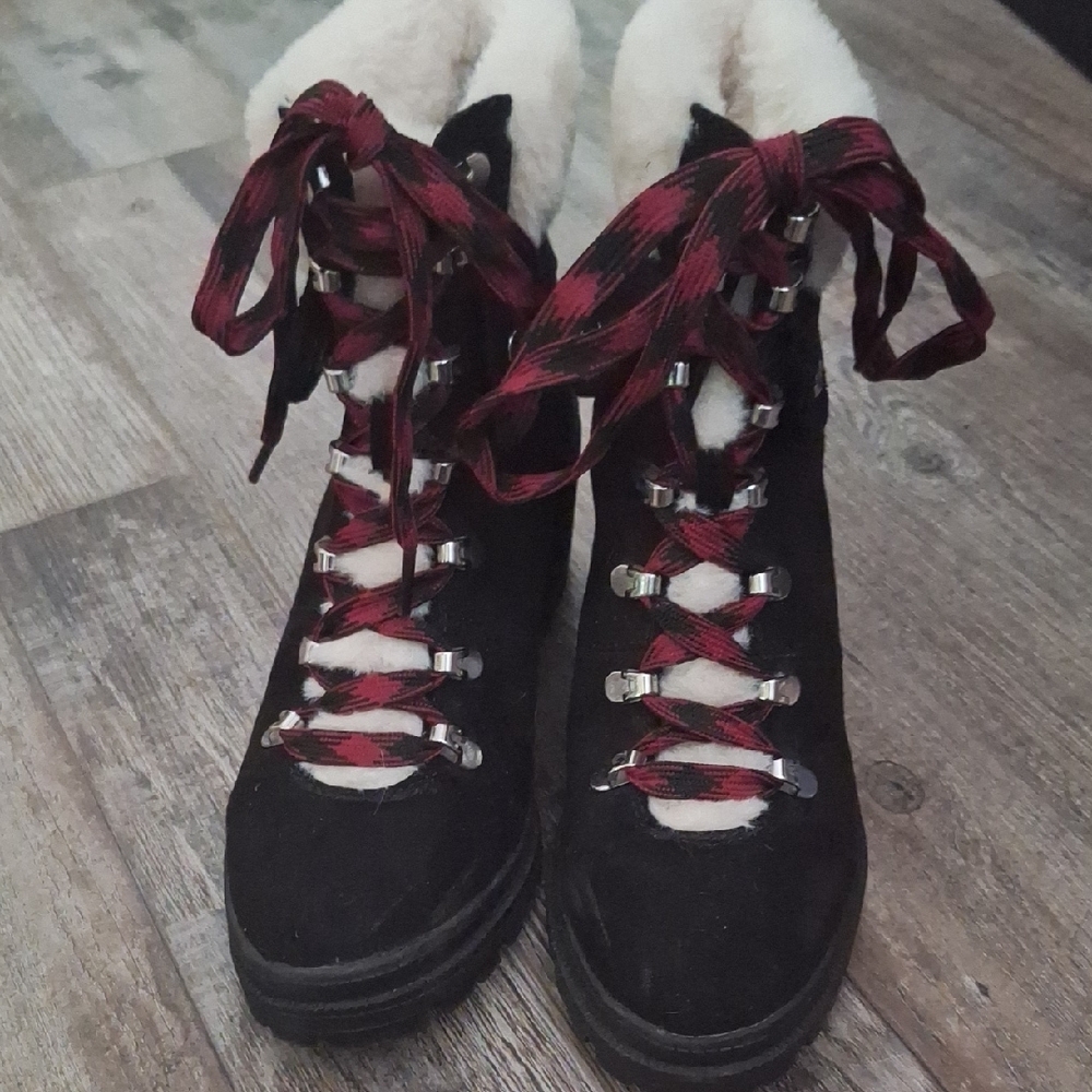 Jellypop Black and Red Lace Up Boots with Chunky Heel - Picture 2 of 5